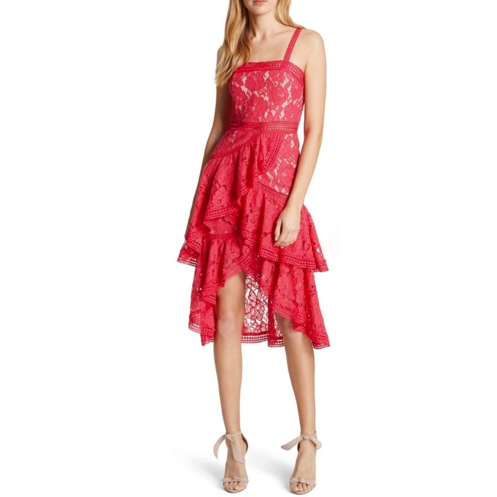 ALICE + OLIVIA Lace Asymmetrical Midi Dress In Watermelon
